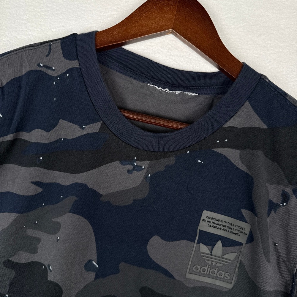 Adidas Originals Mens L Camo Trefoil Logo T-Shirt Blue Grey Camouflage Crew Neck